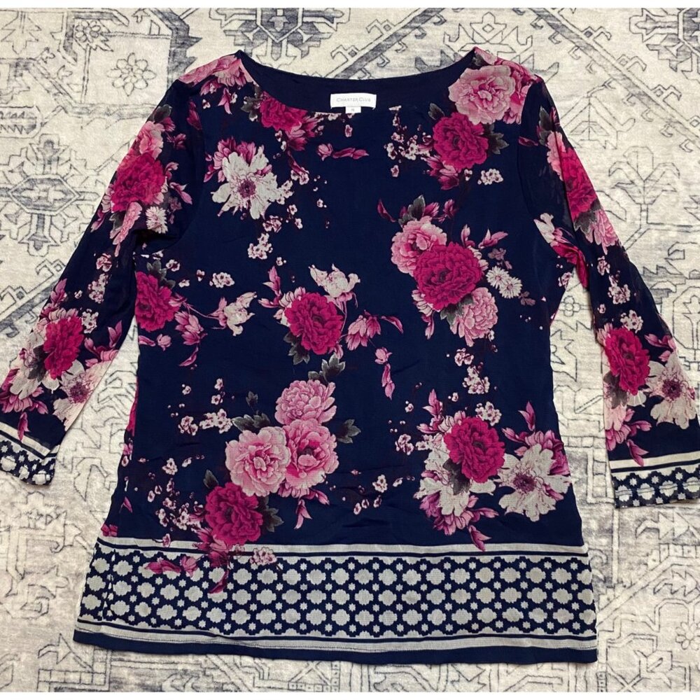 Charter Club Womens Floral Print Navy Pink Sheer Sleeve Blouse Size Petite Large